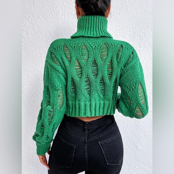 Zara green crop sweater w/ cut out slits. Artistic & gorgeous! - Picture 3 of 7